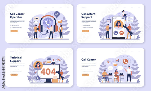 Call center or technical support web banner or landing page set.