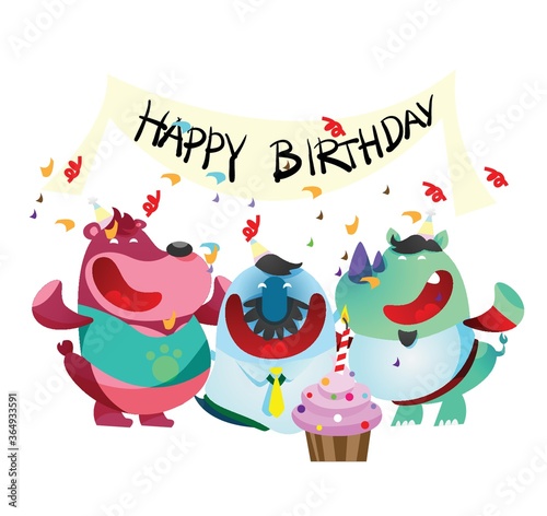 rhinoceros, bear and fish cartoon in a birthday celebration