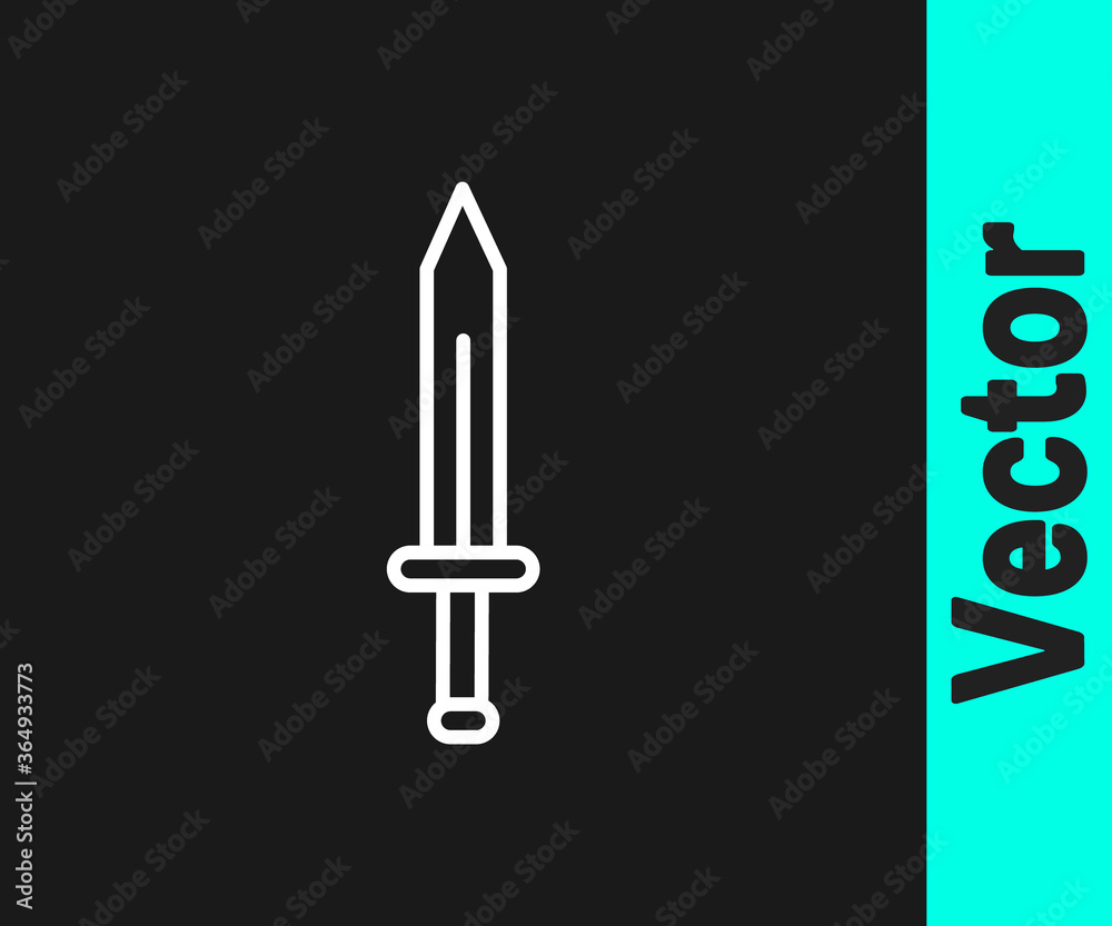 White line Medieval sword icon isolated on black background. Medieval weapon. Vector.