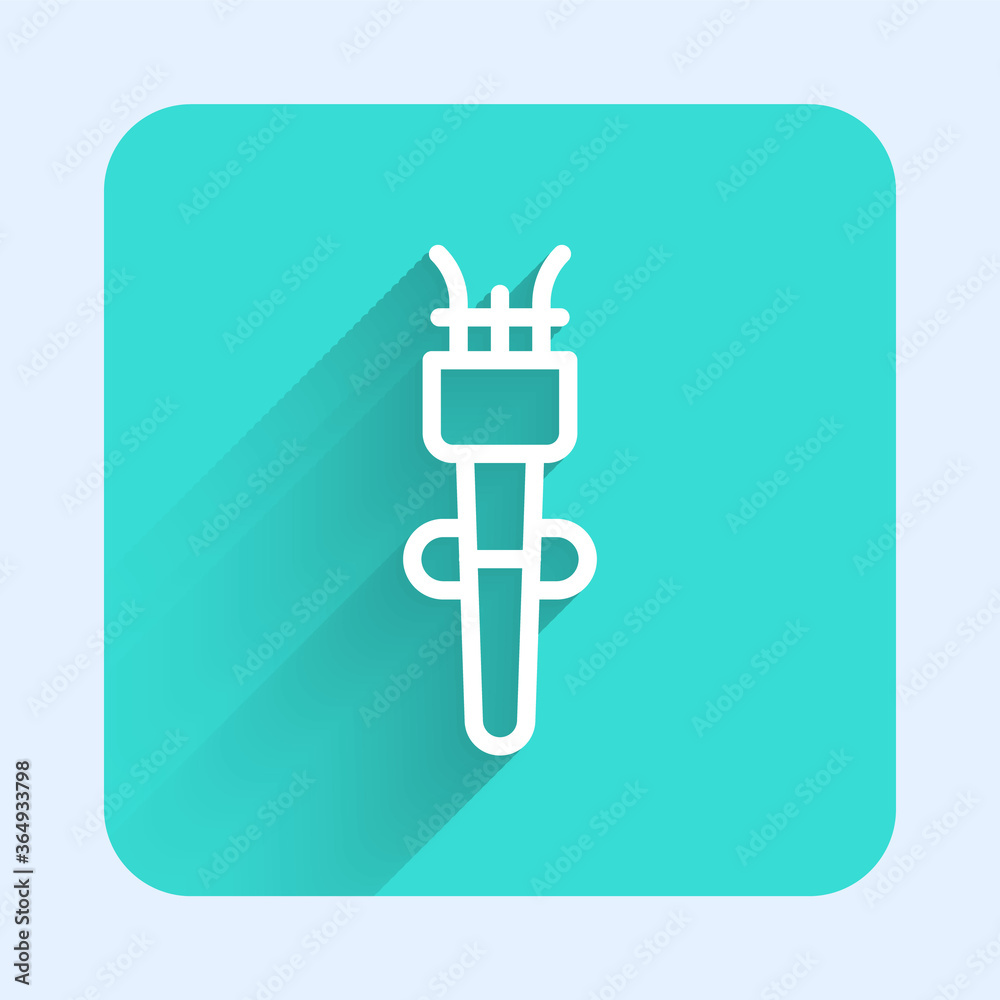 White line Torch flame icon isolated with long shadow. Symbol fire hot, flame power, flaming and heat. Green square button. Vector. White line Torch flame icon isolated with long shadow. Symbol fire hot, flame power, flaming and heat. Green square button. Vector.