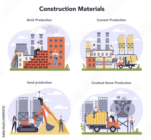 Constructin material production industry set. Bricks, cement, sand