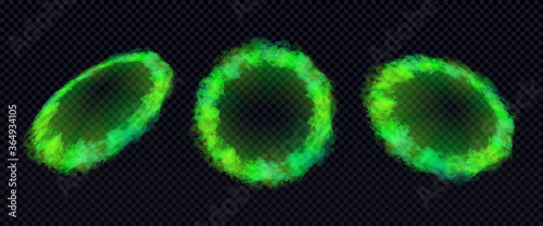 Cigarette rings, toxic acid colored magic vapor design elements. Green smoke circles, round glow smog clouds set, steam isolated on transparent background. Realistic vector illustration. EPS10