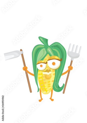 corn character holding gardening fork and hoe