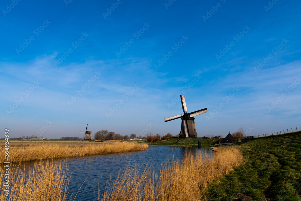Typical Dutch Windmills Country Side in Bright and Vivid Color with Blue Sky Background Wallpaper and River Typical Dutch Windmills Country Side in Bright and Vivid Color with Blue Sky Background Wallpaper and River