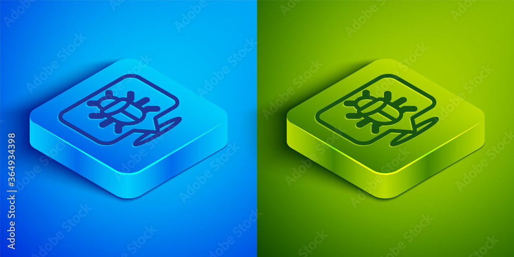 Isometric line System bug concept icon isolated on blue and green background. Code bug concept. Bug in the system. Bug searching. Square button. Vector. Isometric line System bug concept icon isolated on blue and green background. Code bug concept. Bug in the system. Bug searching. Square button. Vector.