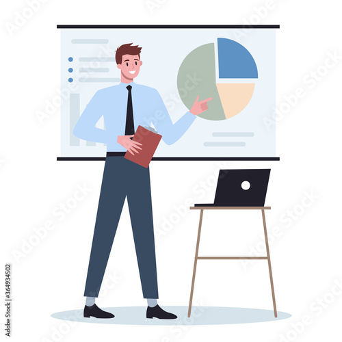 Business character making presentation in front of group of co-worker