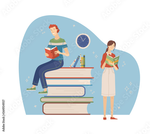 Happy people relaxing with book