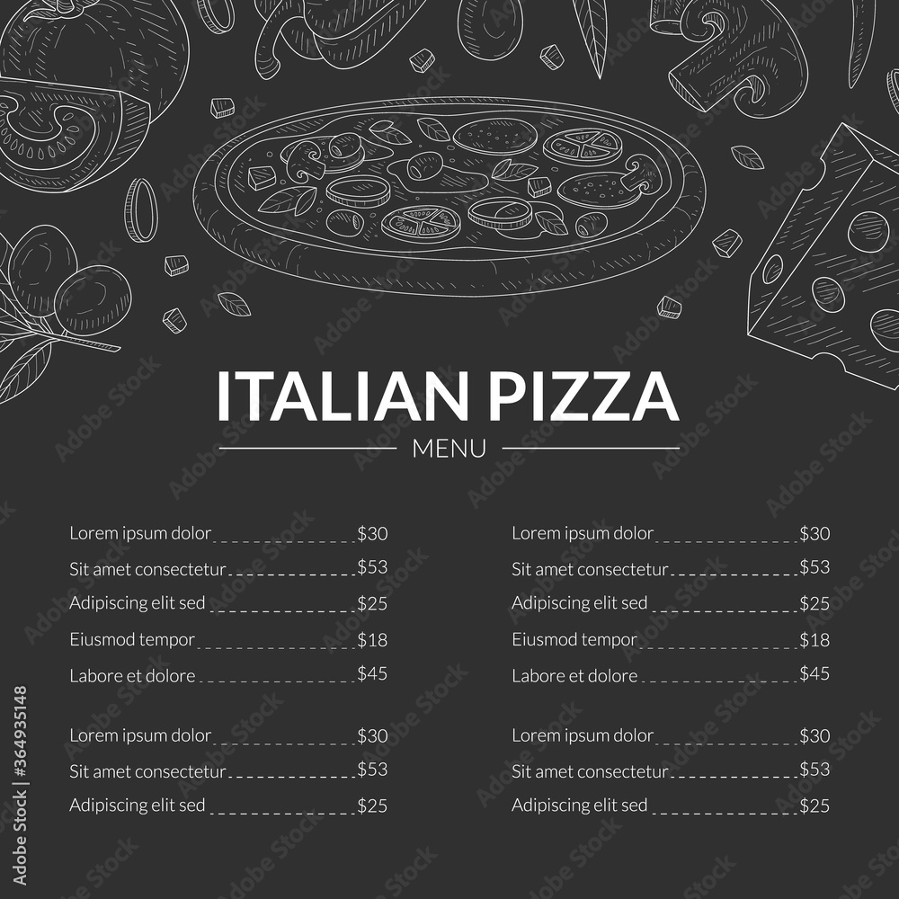Italian Pizza Menu Template, Traditional Italian Cuisine Dishes, Restaurant and Cafe Brochure Vector Illustration