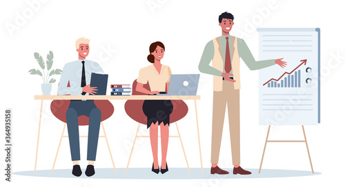 Business character making presentation in front of group of co-worker.