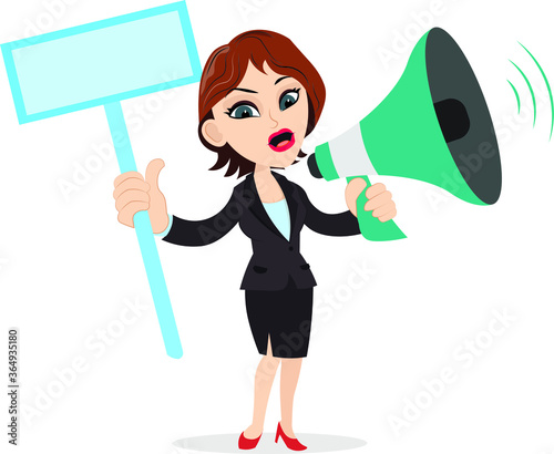 Smart business representative holding a banner sign board speaking loudly megaphone loudspeaker announcing some good news