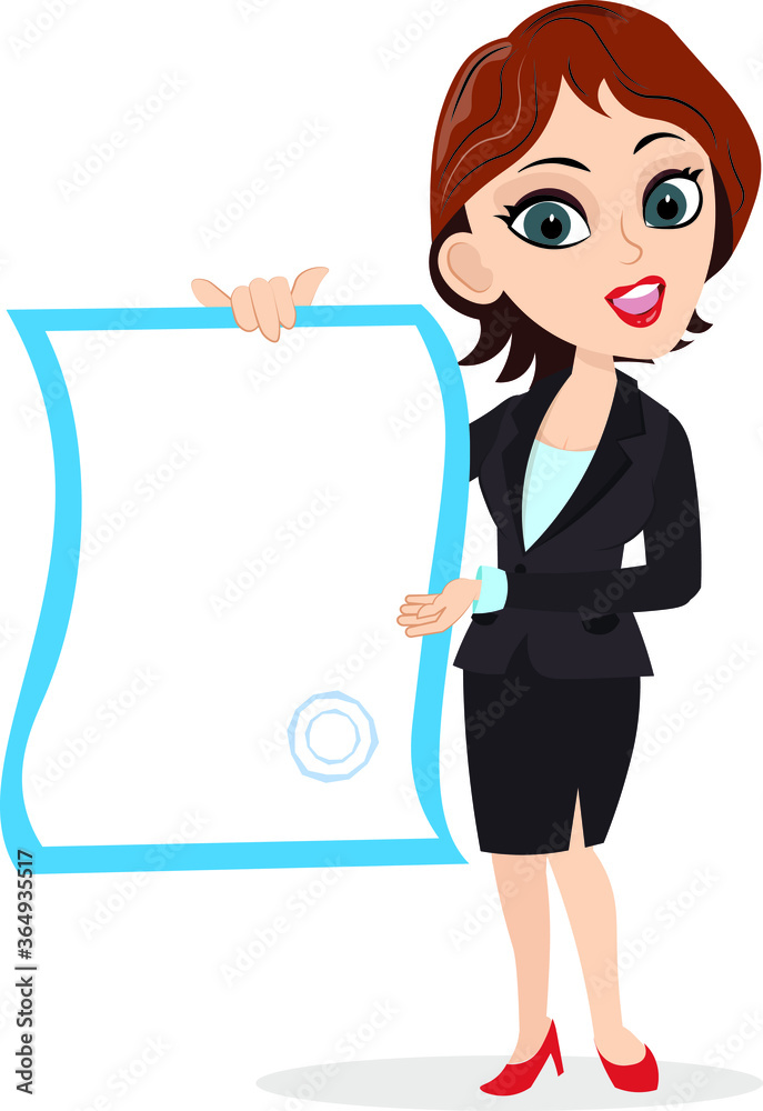 smart girl business lady manager ceo team leader worker employee showing a blank empty template paper contract deed agreement