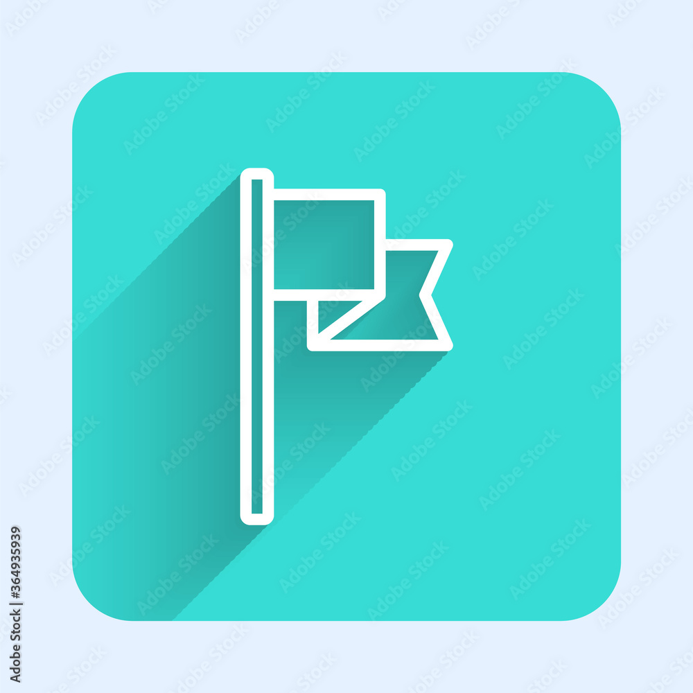 White line Flag icon isolated with long shadow. Location marker symbol. Green square button. Vector. White line Flag icon isolated with long shadow. Location marker symbol. Green square button. Vector.