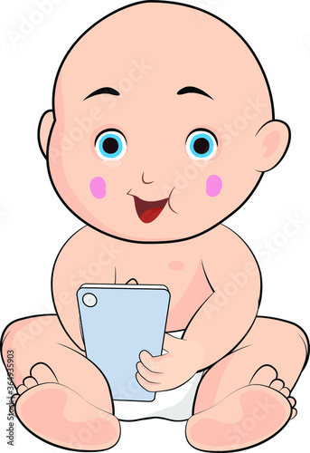Smart newborn baby using a smartphone mobile device technology expert sitting on a floor