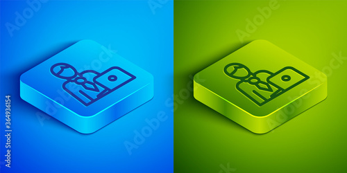 Isometric line Businessman icon isolated on blue and green background. Business avatar symbol user profile icon. Male user sign. Square button. Vector.