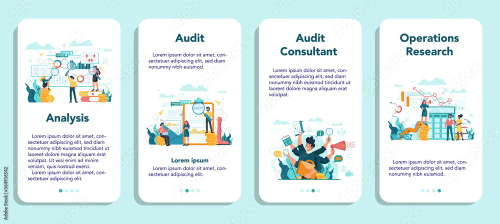 Audit mobile application banner set. Business operation research