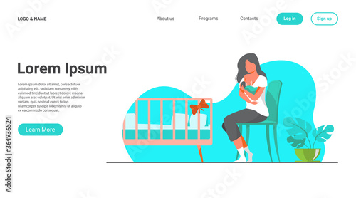 Happy mother breastfeeding her baby flat vector illustration. Cartoon parent giving milk to infant via breast. Health and parenting concept.