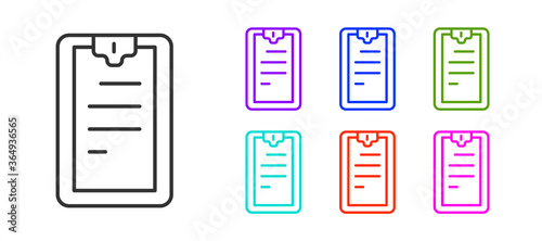 Black line Clipboard with checklist icon isolated on white background. Control list symbol. Survey poll or questionnaire feedback form. Set icons colorful. Vector.