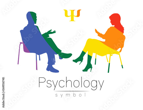 The psychologist and the client. Psychotherapy. Psycho therapeutic session. Psychological counseling. Man woman talking while sitting. Silhouette Rainbow color profile. Modern symbol logo Concept lgbt