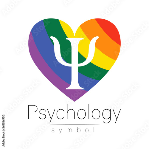 Modern logotype heart sign of Psychology. Letter Psi. . Creative style in vector. Design concept. Rainbow color isolated on white background. Symbol for web, print, card. LGBT flag