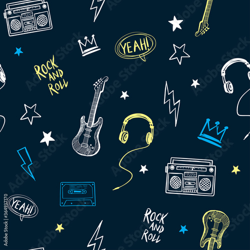Rock music theme vector seamless pattern. For textile print and other uses