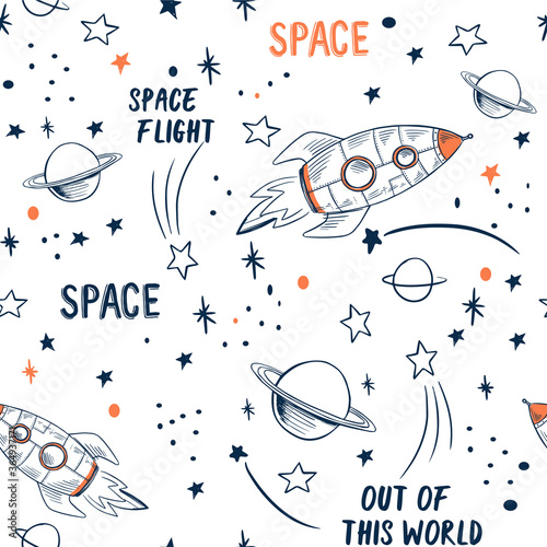 Hand drawn space elements seamless pattern. Space background. Space doodle illustration. Vector illustration. Seamless pattern with cartoon space rockets, planets, stars, slogans