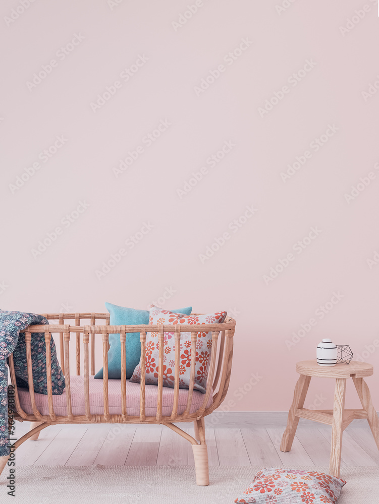 Cozy pink nursery with trendy furniture, wooden crib and table, 3d render Cozy pink nursery with trendy furniture, wooden crib and table, 3d render