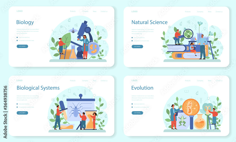 Biology school subject web banner or landing page set. Scientist