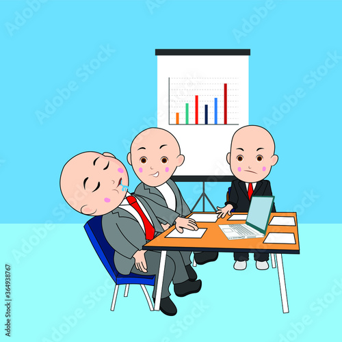 Team meeting lazy boring baby child kid sleeping drooling on his chin newbie wearing official uniform suit sleeping laptop papers on the table signage whiteboard screen on back graph