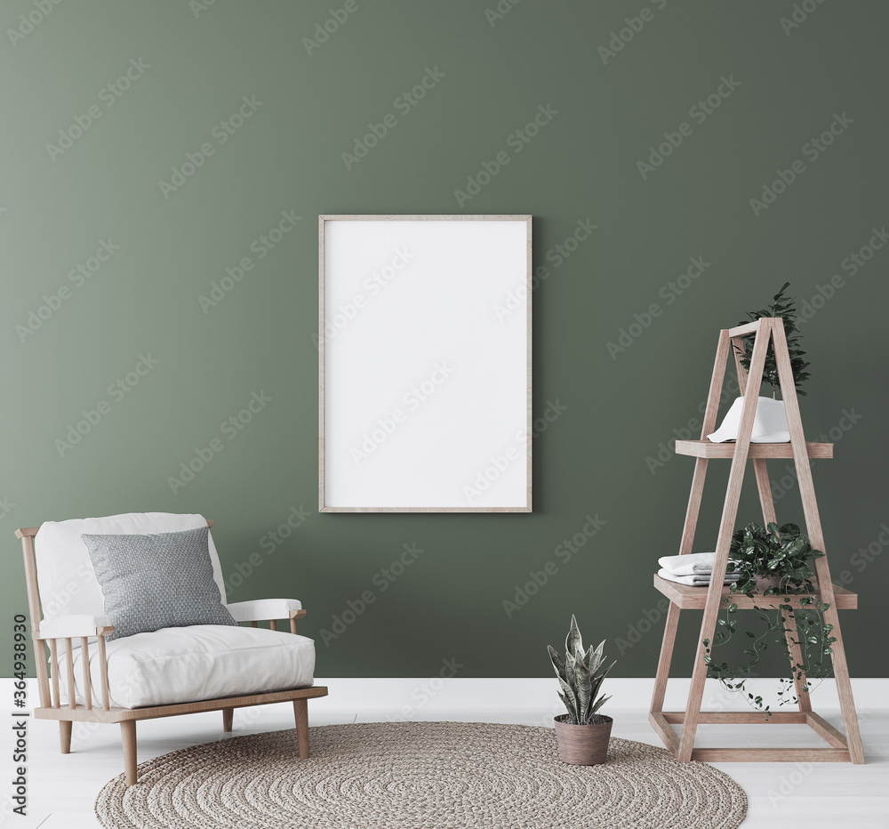 Mockup frame in living room interior, natural wooden furniture on green background, 3d render - obrazy, fototapety, plakaty 