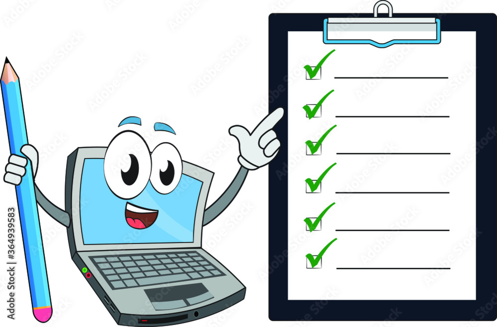 the educator presenter funny laptop character speaking about your features notes what to do to drive into a success story clipboard paper pencil in one hand pointing by other hand