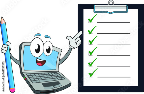 the educator presenter funny laptop character speaking about your features notes what to do to drive into a success story clipboard paper pencil in one hand pointing by other hand