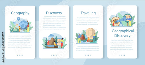 Geography classmobile application banner set . Global science
