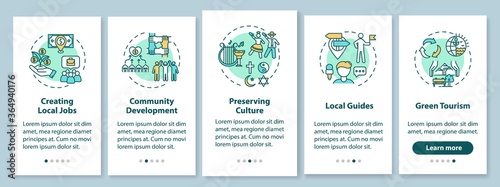 Benefits of local tourism onboarding mobile app page screen with concepts. Ecotourism. Domestic travel walkthrough 5 steps graphic instructions. UI vector template with RGB color illustrations