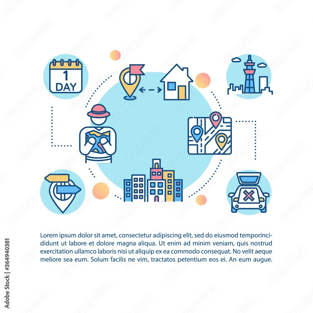 Local travel concept icon with text. Domestic and urban tourism. Summer break staycation. PPT page vector template. Brochure, magazine, booklet design element with linear illustrations