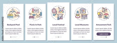 Holistay ideas onboarding mobile app page screen with concepts. Budget friendly leisure activities walkthrough 5 steps graphic instructions. UI vector template with RGB color illustrations