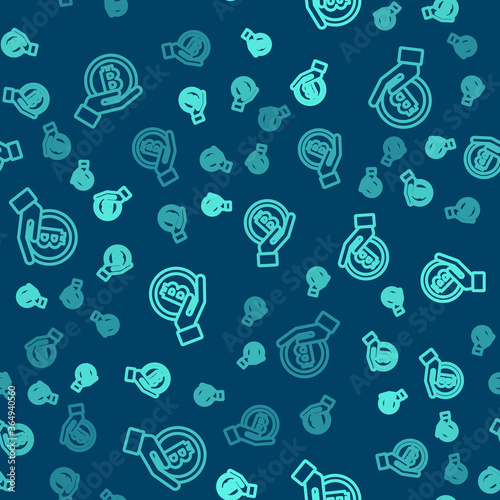 Green line Hand holding Bitcoin icon isolated seamless pattern on blue background. Blockchain technology, digital money market, cryptocoin wallet. Vector.