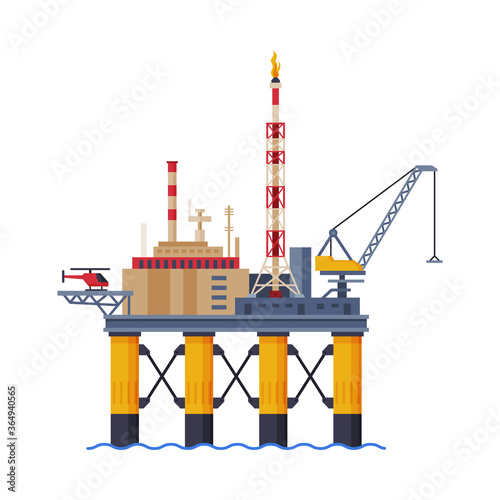 Oil Platform in the Sea, Gasoline and Petroleum Production Industry Flat Style Vector Illustration on White Background