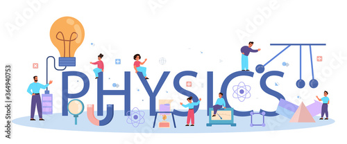 Physics school subject typographic header concept. Scientist explore