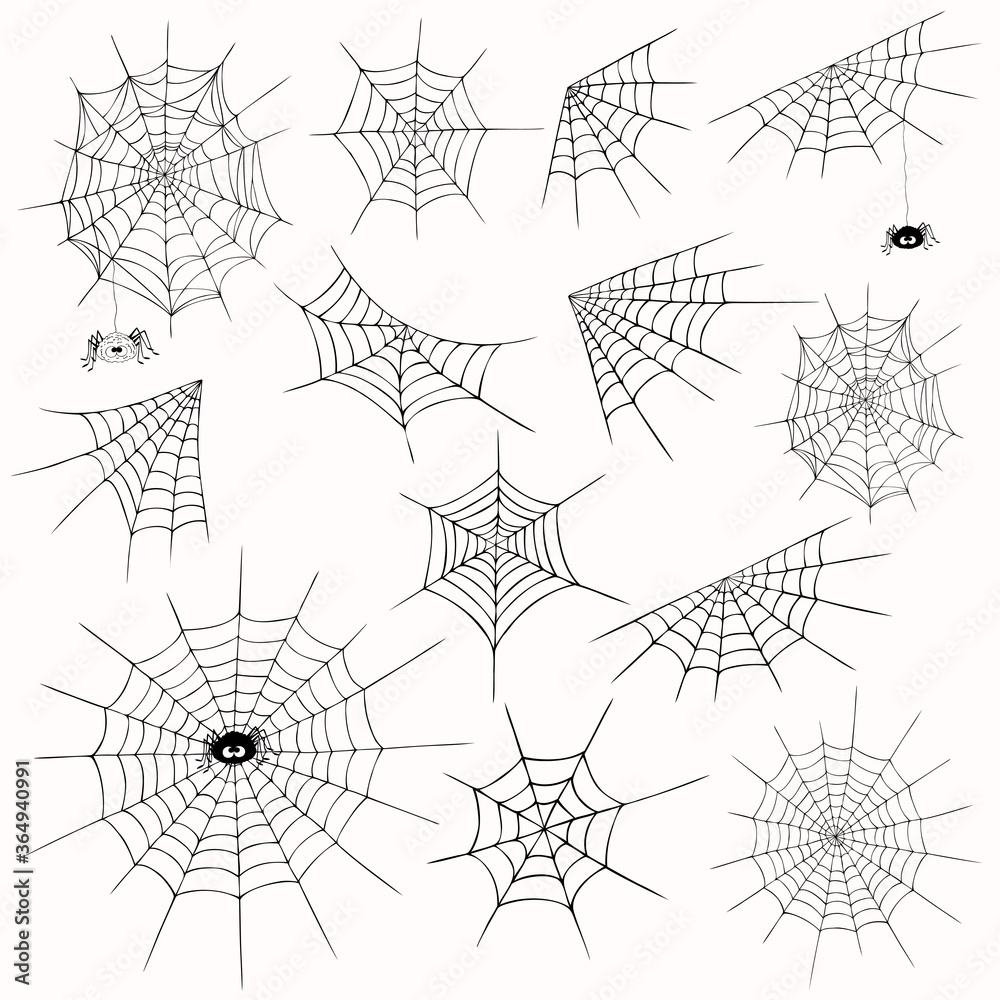 Cobweb collection, isolated  on white background. Halloween spiderweb set, cute spider. Hand drawn cobweb icons for Halloween decoration. Line art, sketch style spider web elements,spooky, scary image