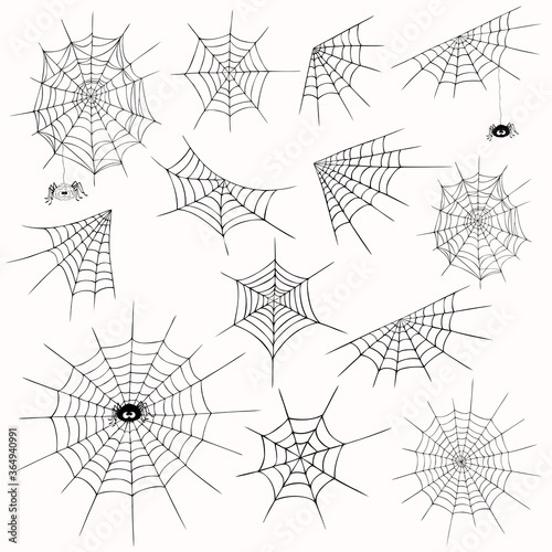 Cobweb collection, isolated  on white background. Halloween spiderweb set, cute spider. Hand drawn cobweb icons for Halloween decoration. Line art, sketch style spider web elements,spooky, scary image