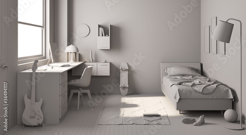 Canvastavla Concepto 3D en gris de habitación dormitorio juvenil con escritorio y decoracion
