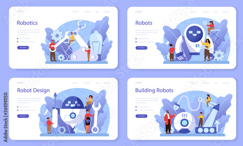 Robotics school subject web banner or landing page set. Robot