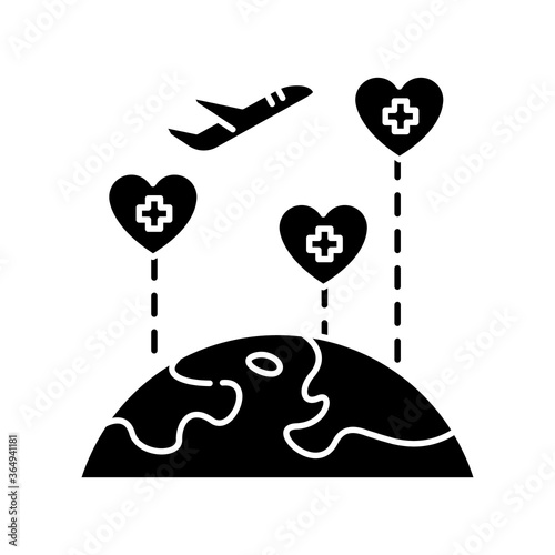 Medical tourism black glyph icon. International wellness tour. Visiting sanatorium and healthcare resorts. Health improving journey silhouette symbol on white space. Vector isolated illustration