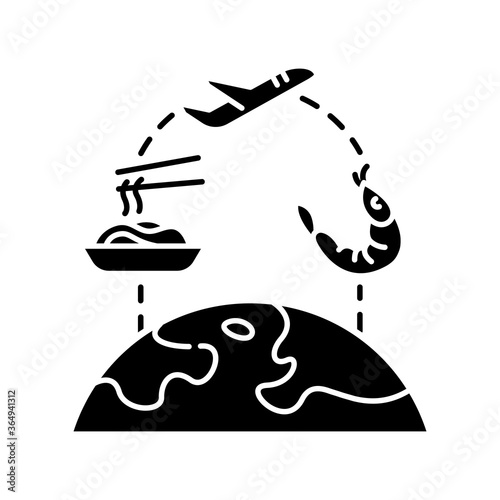 Food tourism black glyph icon. International culinary tours silhouette symbol on white space. Exploring international kitchen, traditional cuisine. World map with dishes vector isolated illustration