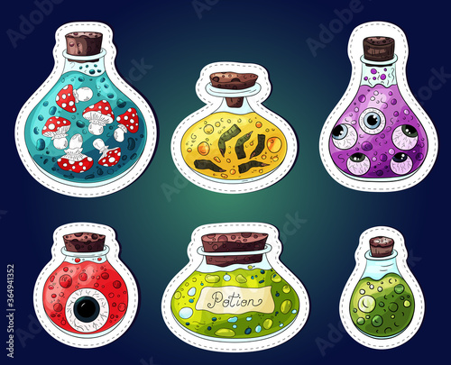 Potion bottles stickers collection. Halloween jar sticker set. Magic potion with mushrooms, eyes, fingers. Many type different wizard hand drawn cartoon style poison bottle. Scrapbook images, template