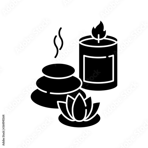 Spa resort black glyph icon. Wellness tourism, health sanatorium silhouette symbol on white space. Relaxation procedures. Spa stones, lotus flower and aroma candle vector isolated illustration
