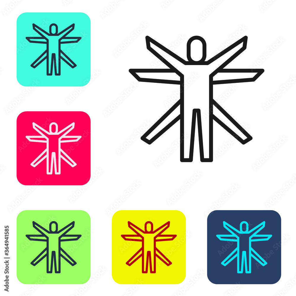 Fototapeta premium Black line Vitruvian Man by Leonardo Da Vinci icon isolated on white background. Human anatomy. Set icons in color square buttons. Vector.