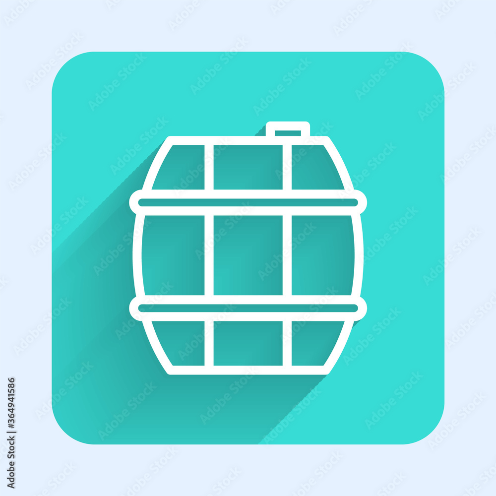 White line Wooden barrel for wine icon isolated with long shadow. Green square button. Vector. White line Wooden barrel for wine icon isolated with long shadow. Green square button. Vector.