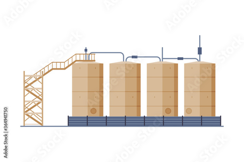 Oil Tanks with Ladder, Benzine, Fuel Cylinders, Storage Reservoirs, Gasoline and Petroleum Production Industry Flat Style Vector Illustration