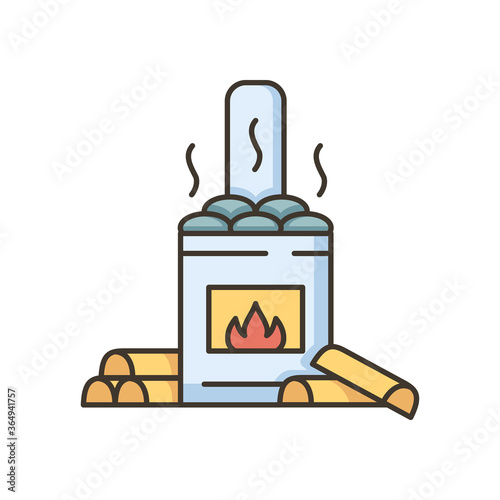 Wood burning sauna RGB color icon. Traditional russian banya, finnish bathhouse heat source. Fireplace with hot spa stones and firewood isolated vector illustration